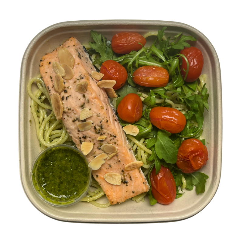Steamed Salmon Fillet with Almond & Basil Pesto